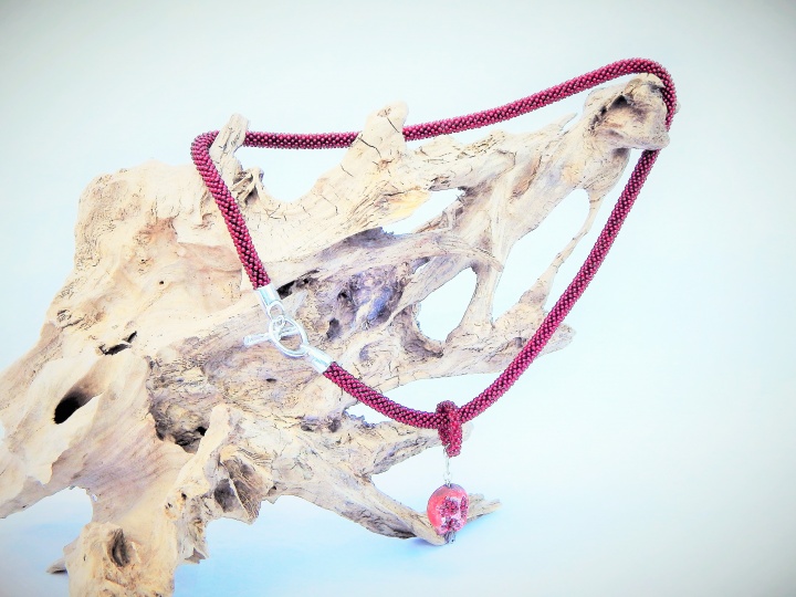 Crocheted necklace - tow / glass beads, pendant Garnet