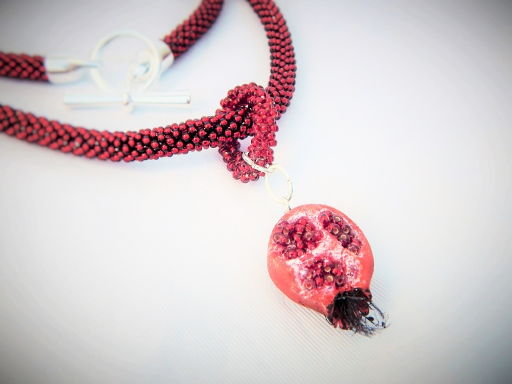 Crocheted necklace - tow / glass beads, pendant Garnet picture no. 2