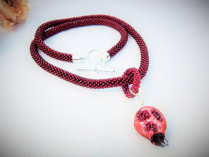 Crocheted necklace - tow / glass beads, pendant Garnet picture no. 3