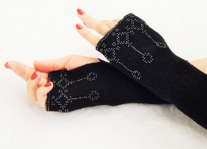 Black elegant wool cashmere wrist warmers with glass beads
