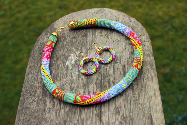 Rainbow hoop earrings, Multicolor beaded rope earrings, Gold color detail