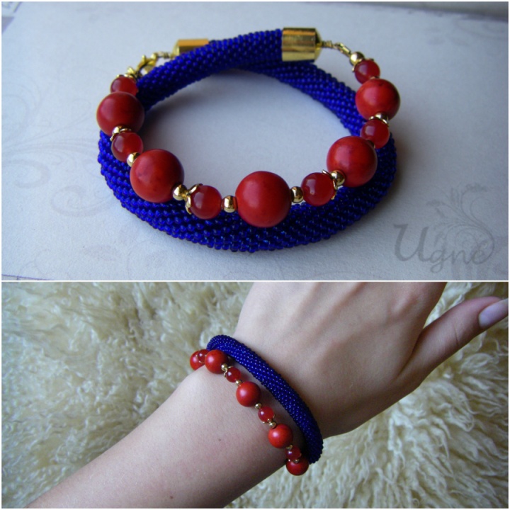 Red and blue bead crochet bracelet