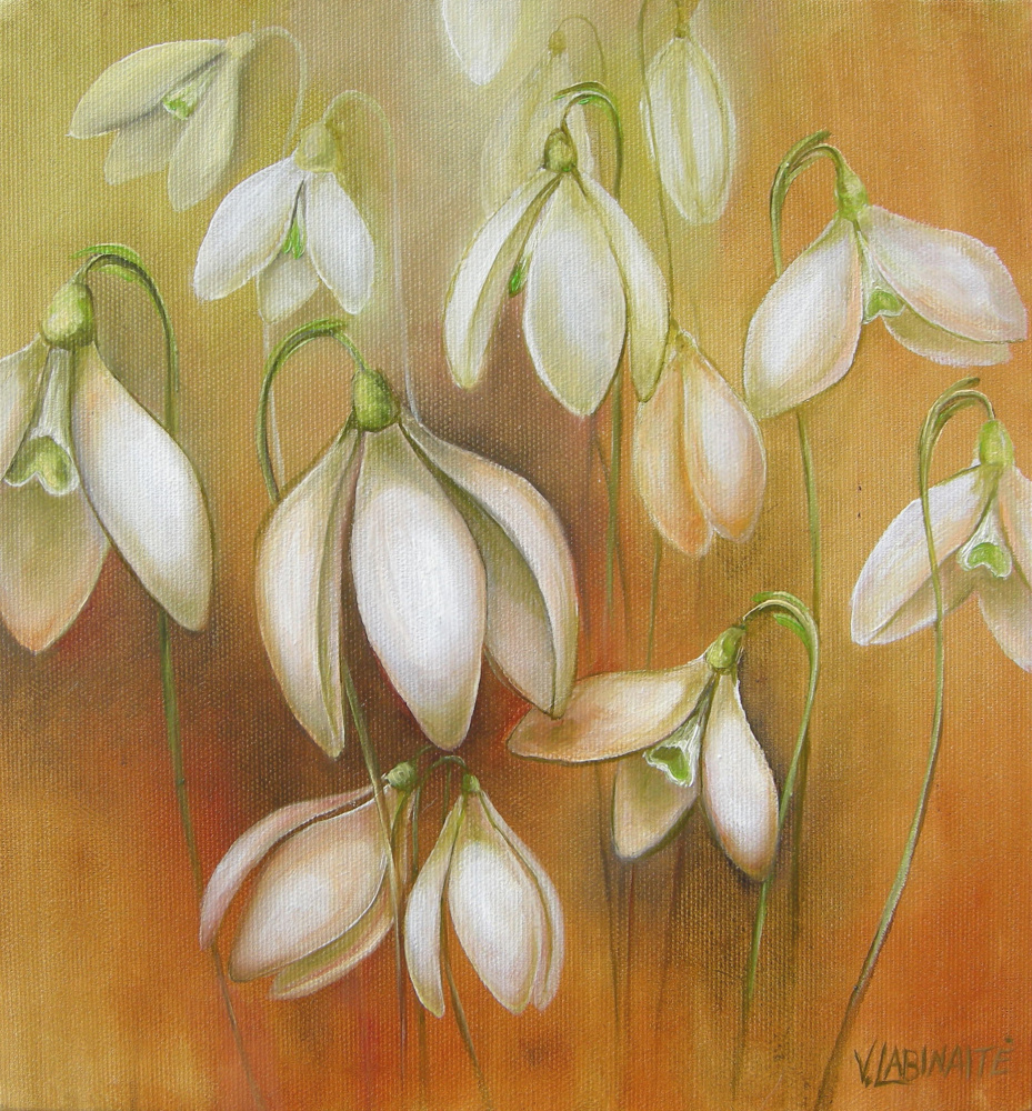 First snowdrops 28x30, oil on canvas