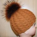 Brown hat with pompons of foxes - Hats - knitwork