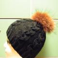Black fox fur cap with pompons - Hats - knitwork