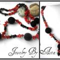 Handmade Jewelry Felted Wool Red Coral Onyx Necklace Gemstone Beads Fashion  - Necklace - beadwork