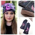 Cotton and Faux Leather set: Beanie and gloves "Purple blossom" - Drawing on clothes - drawing