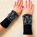 Black wrist warmers with white beads - Wristlets - knitwork