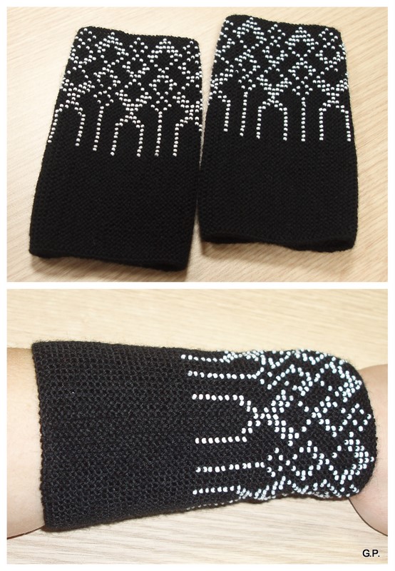 wool wrist warmers with white beads
