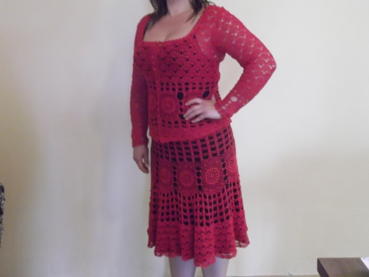 Red crocheted suit