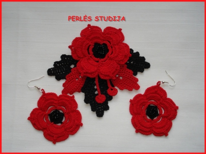 Crocheted brooch and earrings