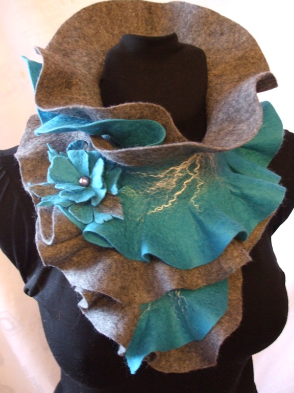 Gray felting processes turquoise scarf