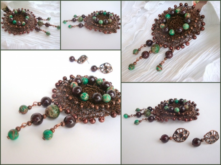 Crocheted brooch and earrings