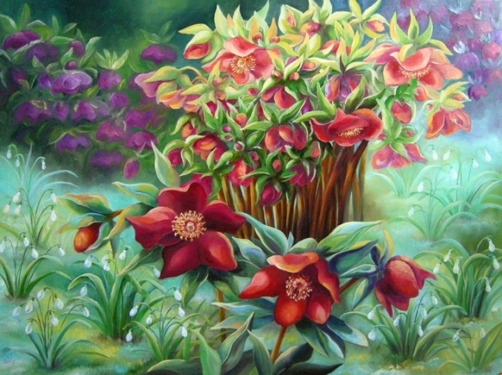 snowdrops and hellebore 82x62
