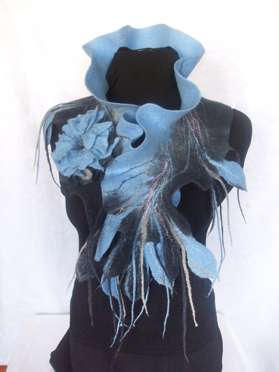 Azure blue scarf felting processes