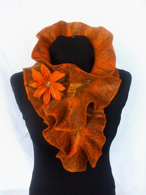 Brown orange scarf felting processes