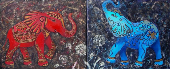 Two elephants 110x45 diptych