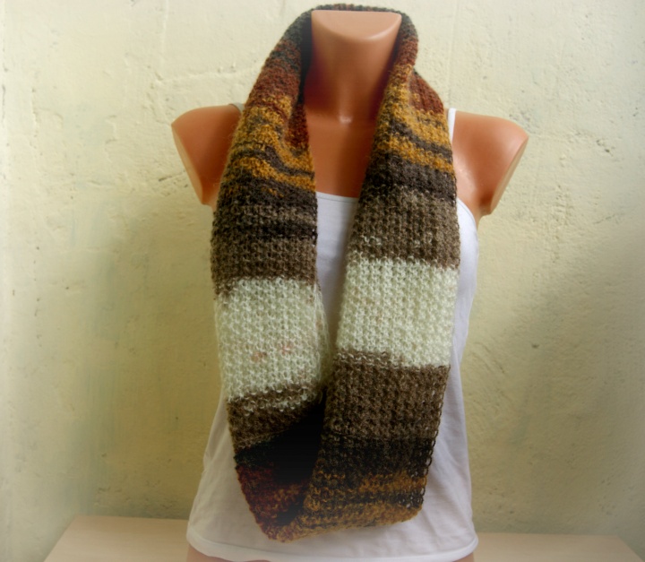 Autumnal brown color infinity scarf with mohair, snood
