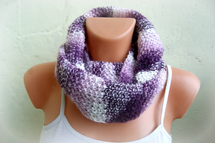 Stylish infinity scarf with mohair, snood, sleeve, double, and purple colors