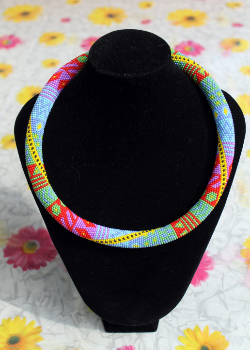 Rainbow beaded rope necklace - Bead crochet necklace with geometric pattern picture no. 2