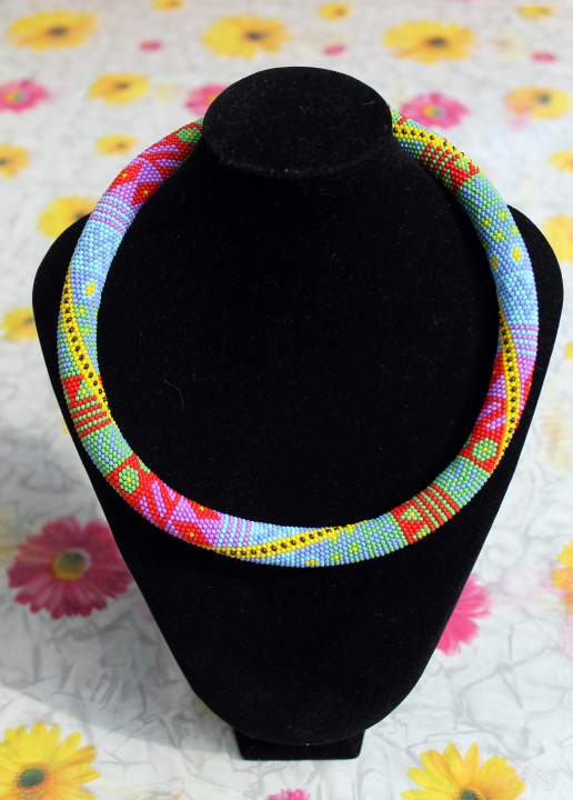 Rainbow beaded rope necklace - Bead crochet necklace with geometric pattern  picture no. 2