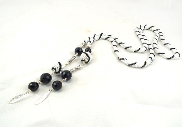 White bead crochet necklace with black agate