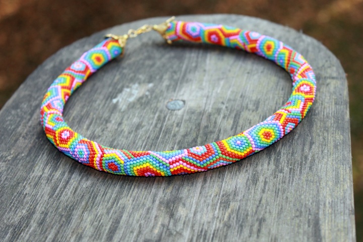 Rainbow beaded rope necklace - Rope necklace - Bead crochet necklace with geomet