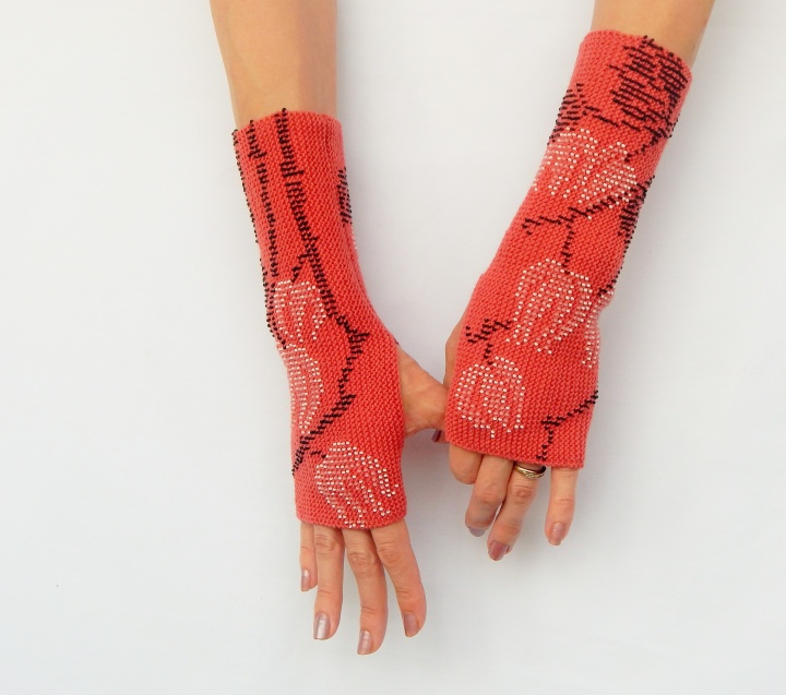 Long fingerless gloves, coral wristers, cashmere wool beaded wrist hand warmers