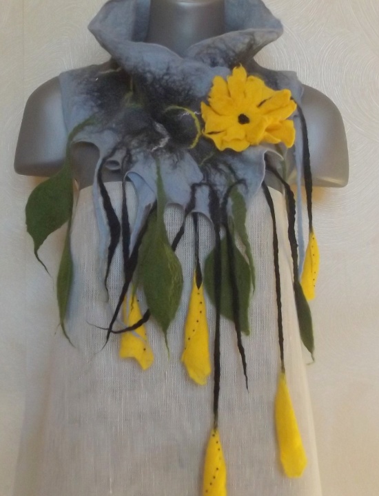 felting processes scarf gray-yellow in color