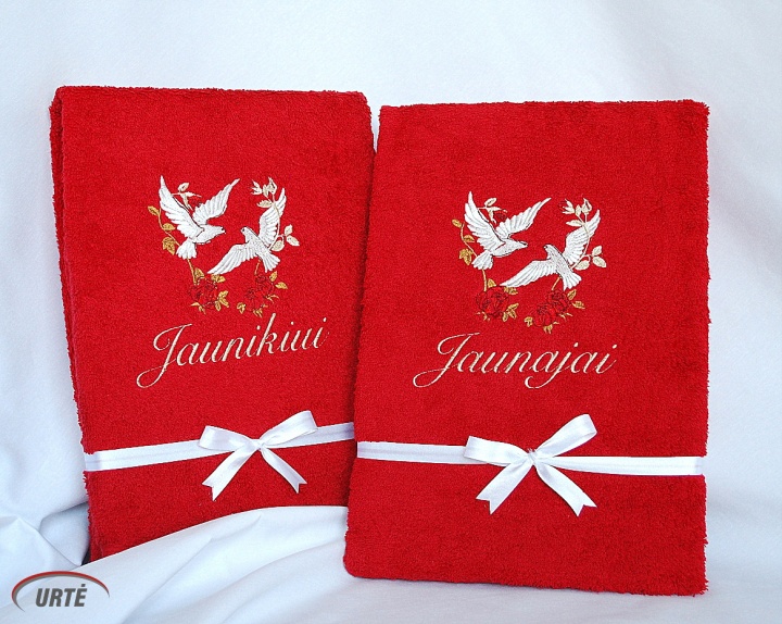 Embroidered Bride and Groom towel set with white pigeons