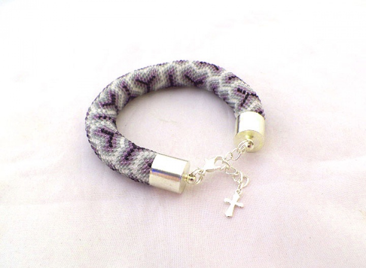 Beads crochet rope, gray bracelet with geometric pattern