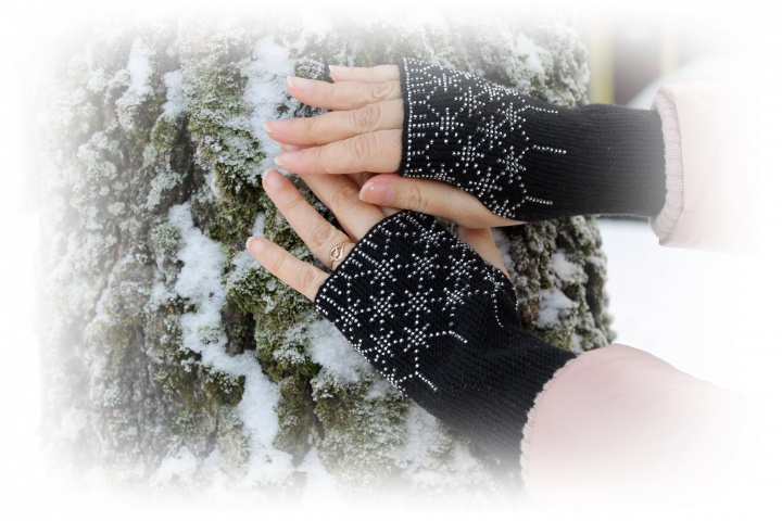 Long Black Wrist Warmers, Snowflakes Pattern, Beaded Arm Warmers
