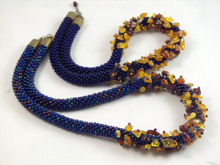 Blue bead crochet necklace with amber  picture no. 2