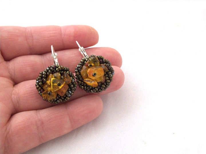 Brown dangle beaded earrings with Baltic amber picture no. 3