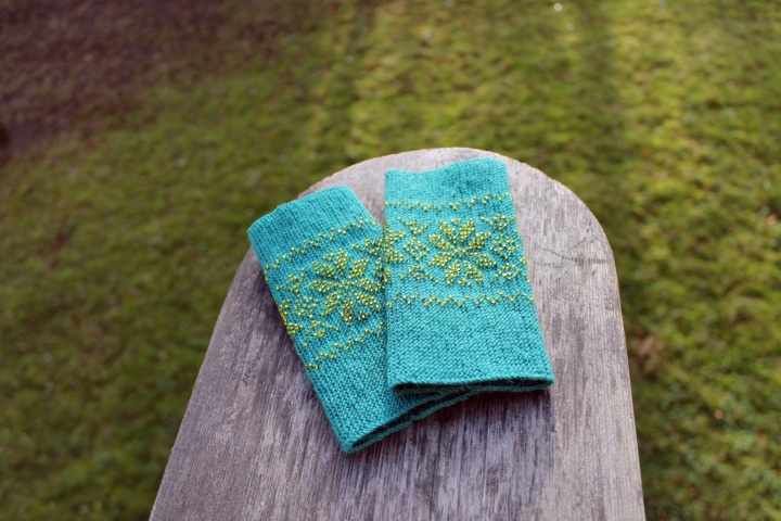 Long Turquoise Color Wrist Warmers, Traditional Flowers Pattern, Beaded Arm Warm