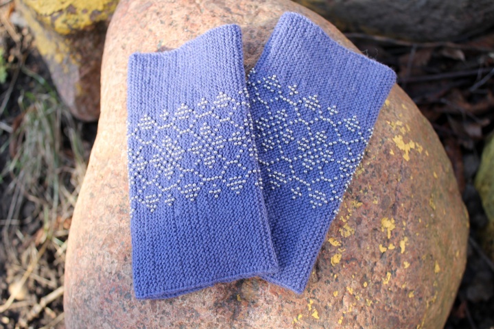 Beaded Wrist Warmers, Arm Warmers, Fingerless Gloves, Blue Gray Color 