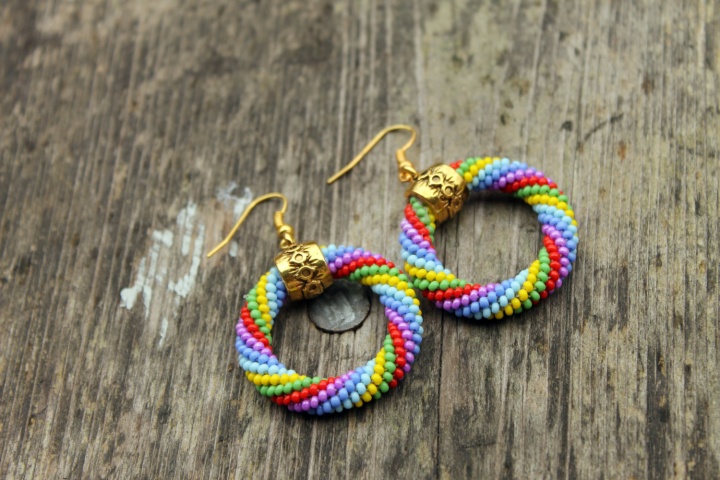 Rainbow hoop earrings, Multicolor beaded rope earrings, Gold color detail picture no. 3