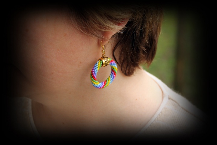 Rainbow hoop earrings, Multicolor beaded rope earrings, Gold color detail picture no. 2