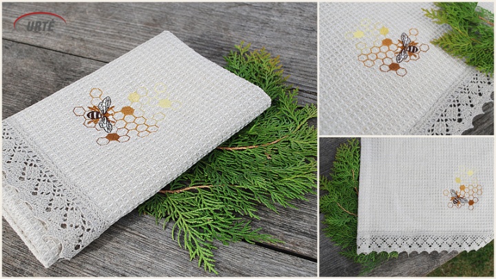 Linen kitchen towel with bee and crochet corner picture no. 3