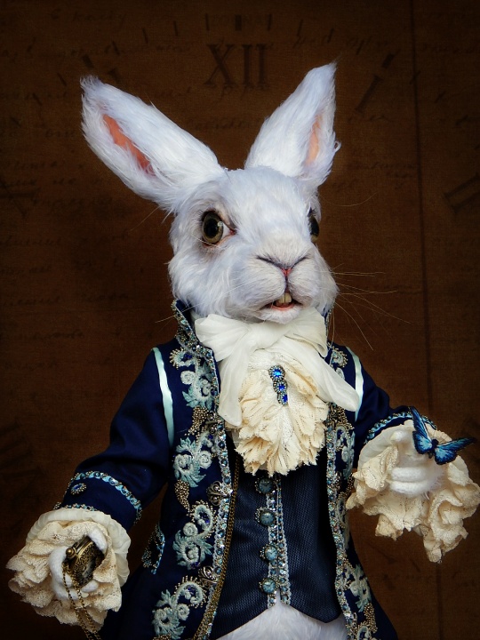 White Rabbit / Alice In Wonderland / - crochet poseable soft sculpture, art doll