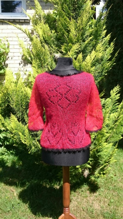 Red, handmade knitt jacket with red buttons and black lace picture no. 2