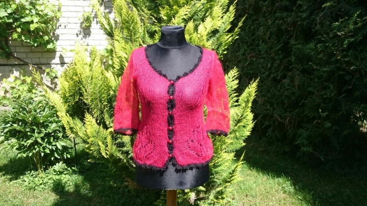 Red, handmade knitt jacket with red buttons and black lace picture no. 3
