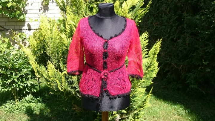 Red, handmade knitt jacket with red buttons and black lace