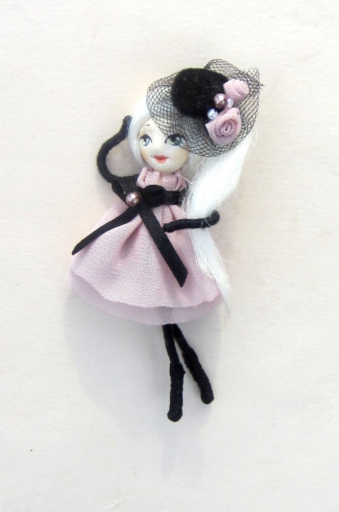 Doll brooch "Girl with pink dress"