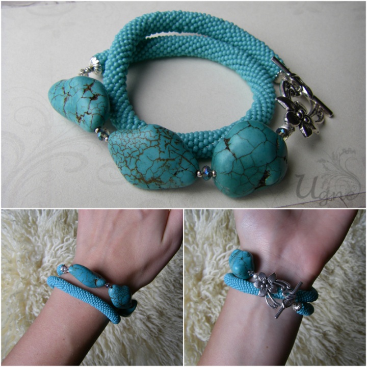 Double bead crochet bracelet with turquoise