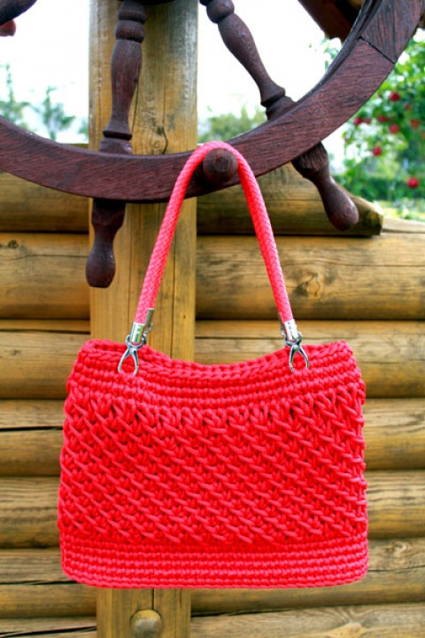 Red crocheted handbag