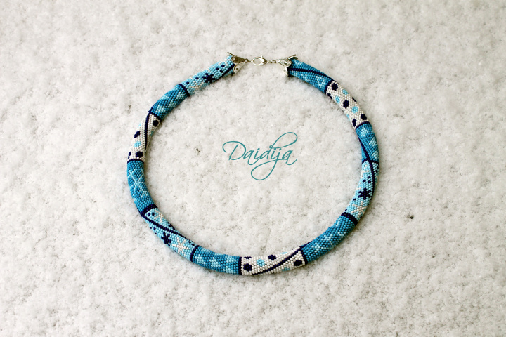 Winter satisfaction guaranteed, Beaded crochet rope necklace with white and blue