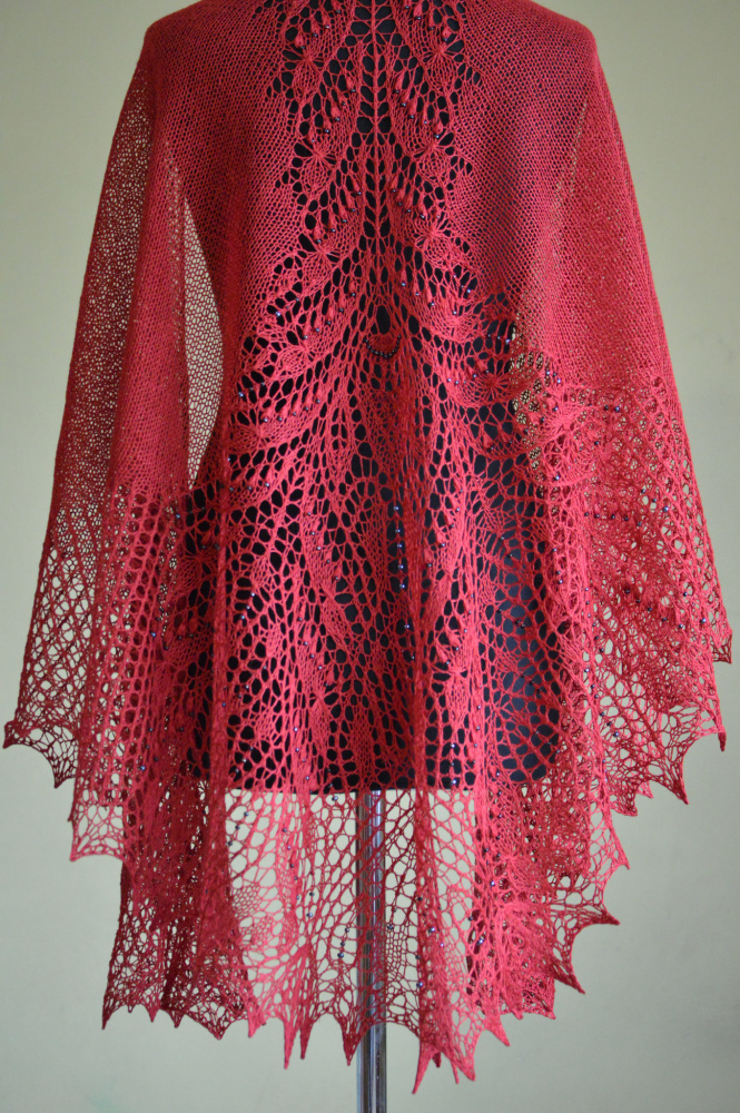 Hand-knitted red shawl with Hematite beads