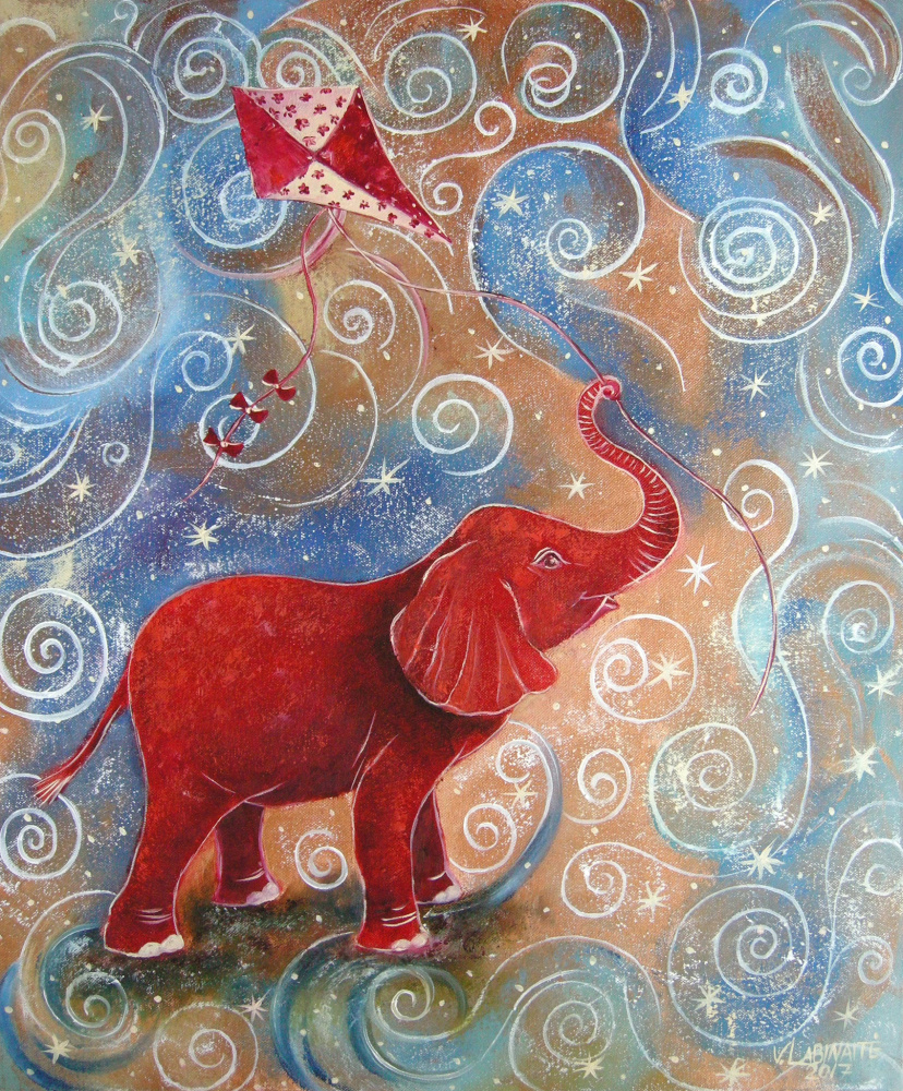 Elephant with kite 50x60, oil on canvas.