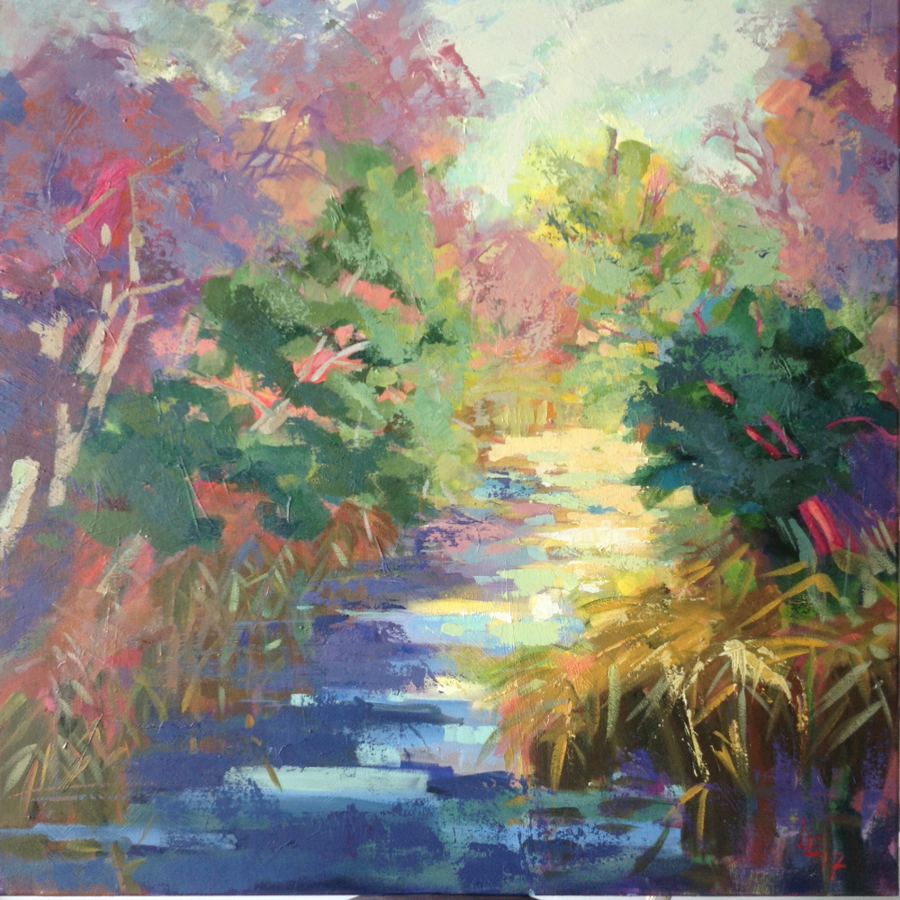 Morning by the river. Acrylic painting on canvas. Canvas size 80x80cm.